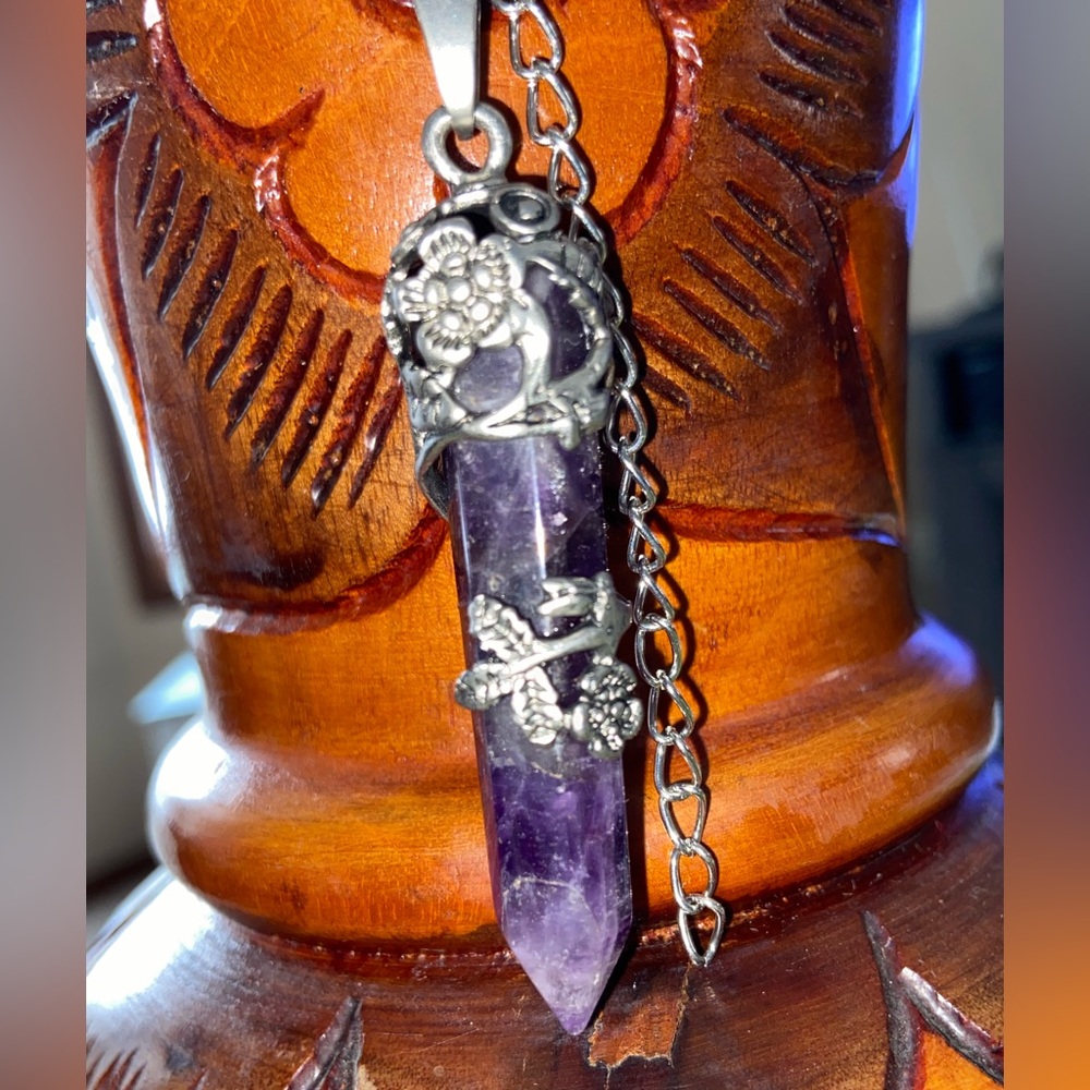 Amethyst Wrapped w/Silver Pendant & Necklace- Hand Made Mystical Healing Crystal - Picture 5 of 16
